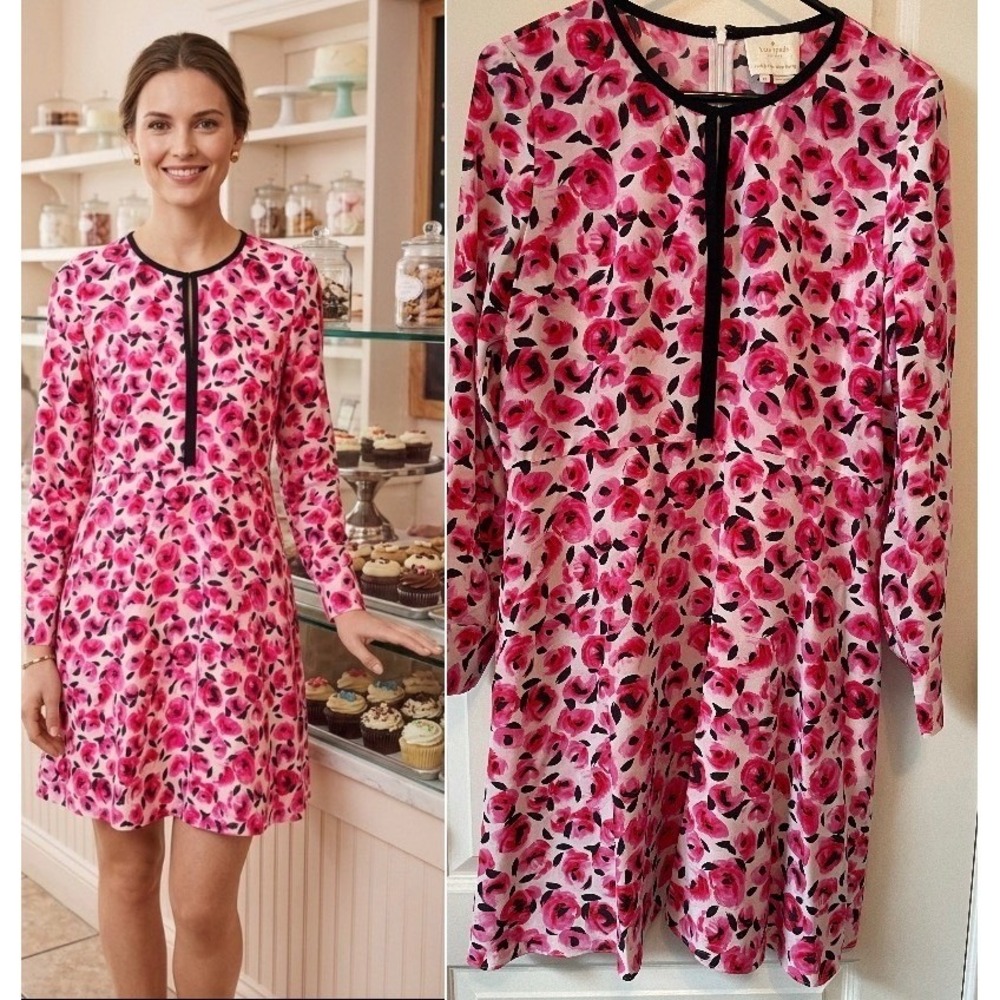 Kate Spade NY Size 12 Pink Black Painterly Rose Silk Long Sleeve Shift Dress